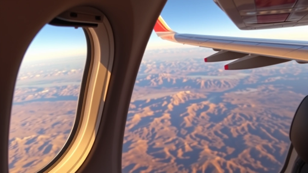 Interior cabin view of Southwest or United aircraft flying over Colorado Desert landscape, window seat perspective showing desert terrain and mountains below, warm golden hour lighting