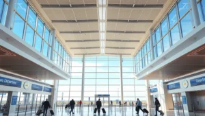 Photorealistic image of San Diego International Airport departure hall with modern architecture, blue sky visible through windows, travelers with luggage moving through the terminal, natural daylight, no visible text or signage