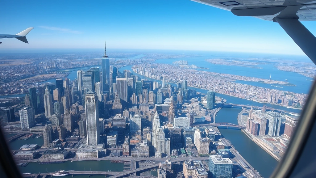 Photorealistic aerial view of New York City skyline with Manhattan buildings, East River, and surrounding boroughs visible from aircraft window perspective, daytime with clear skies, no visible text