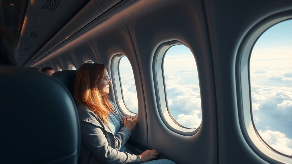 Photorealistic image of aircraft cabin interior during flight with passengers seated, window showing clouds and sky below, modern aircraft design, natural lighting from windows, no visible seat numbers or text on seats