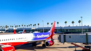 Modern Southwest Airlines aircraft parked at San Diego International Airport terminal gate with California palm trees and blue sky visible, realistic aviation photography
