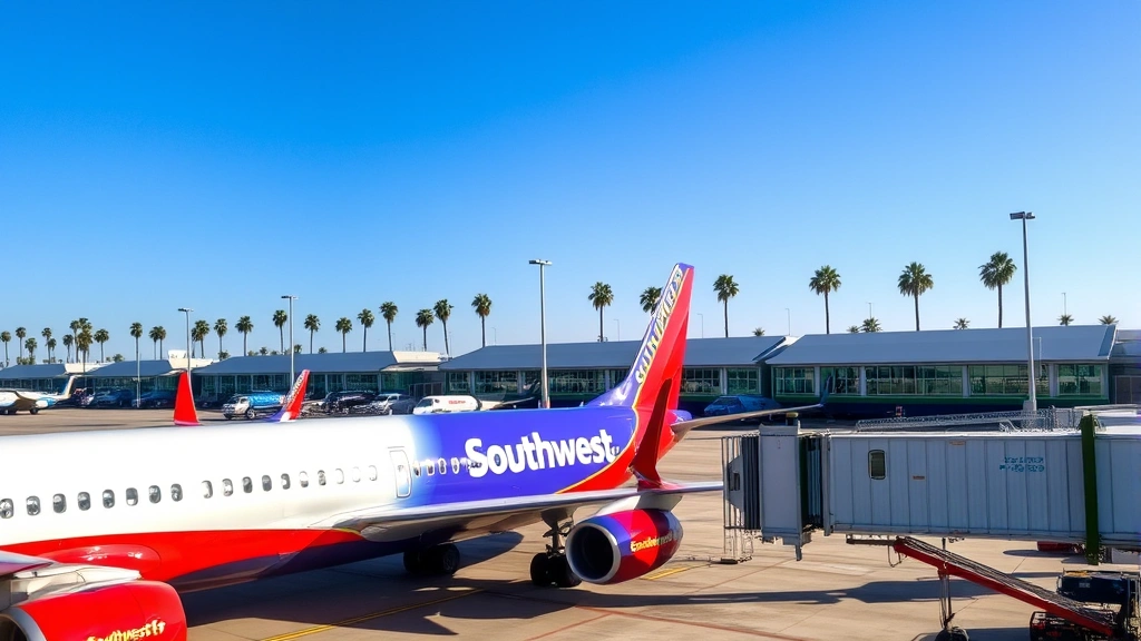 Modern Southwest Airlines aircraft parked at San Diego International Airport terminal gate with California palm trees and blue sky visible, realistic aviation photography