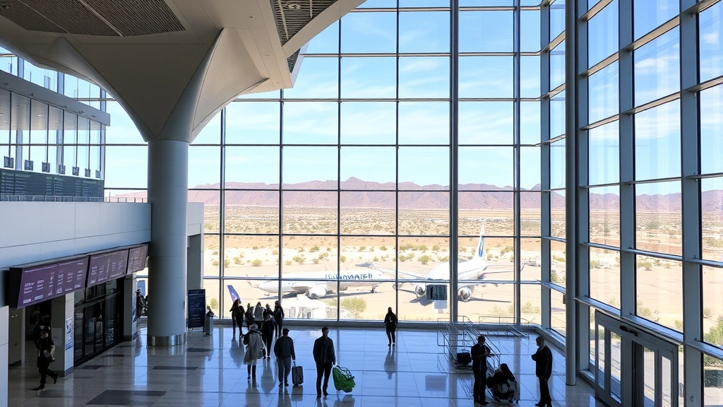 Phoenix Sky Harbor International Airport concourse interior showing modern architecture, departure boards, and travelers with desert landscape visible through large windows