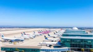 Aerial view of San Diego International Airport with commercial aircraft lined up at gates, clear blue California sky, modern airport terminal buildings with glass facades