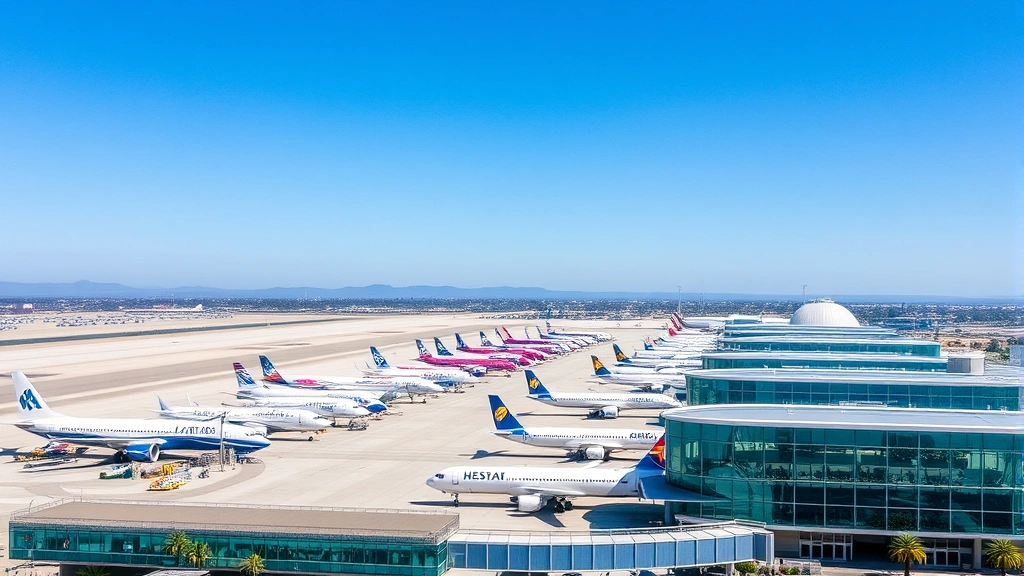Aerial view of San Diego International Airport with commercial aircraft lined up at gates, clear blue California sky, modern airport terminal buildings with glass facades