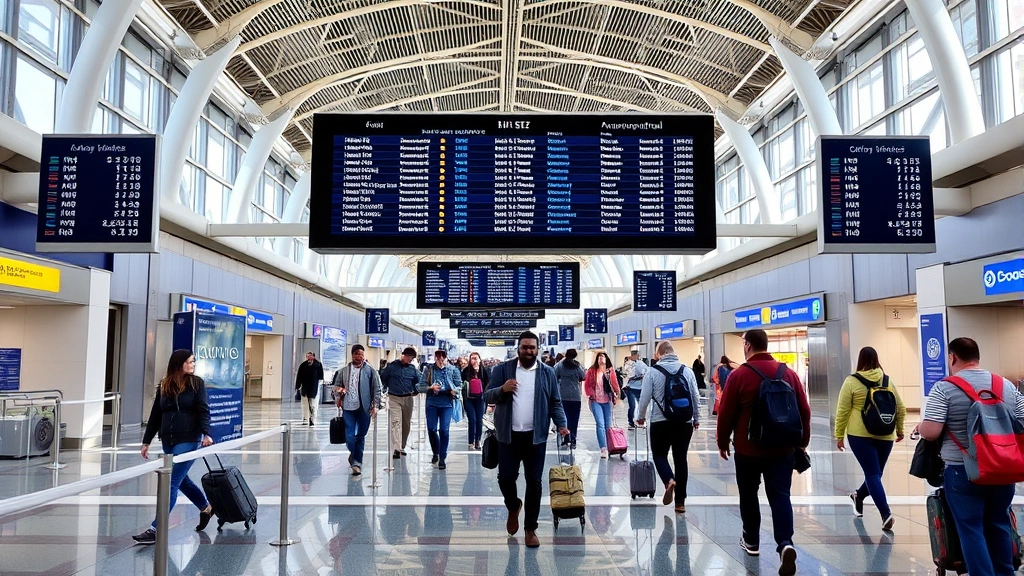 Passengers walking through San Francisco International Airport terminal with modern architecture, digital flight information displays, travelers with luggage and backpacks