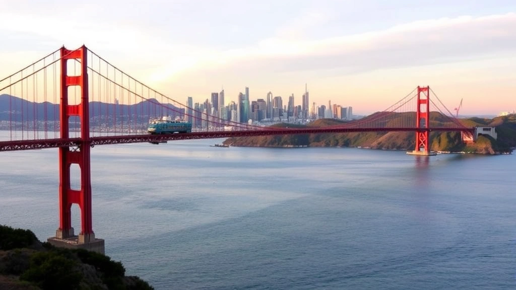 Bay Area scenic view showing San Francisco Bay with Golden Gate Bridge visible, BART train crossing bridge toward San Francisco skyline at sunset, water and hills in background