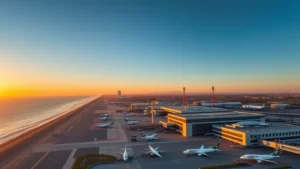 Aerial view of San Diego International Airport (SAN) with California coastline, modern terminal buildings, and aircraft parked at gates during golden hour sunset, photorealistic travel photography