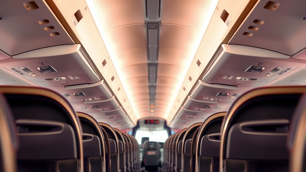 Interior of modern aircraft cabin showing empty seats with overhead bins, aisle view looking toward cockpit, comfortable seating on Southwest or United Airlines, warm cabin lighting, professional aviation photography