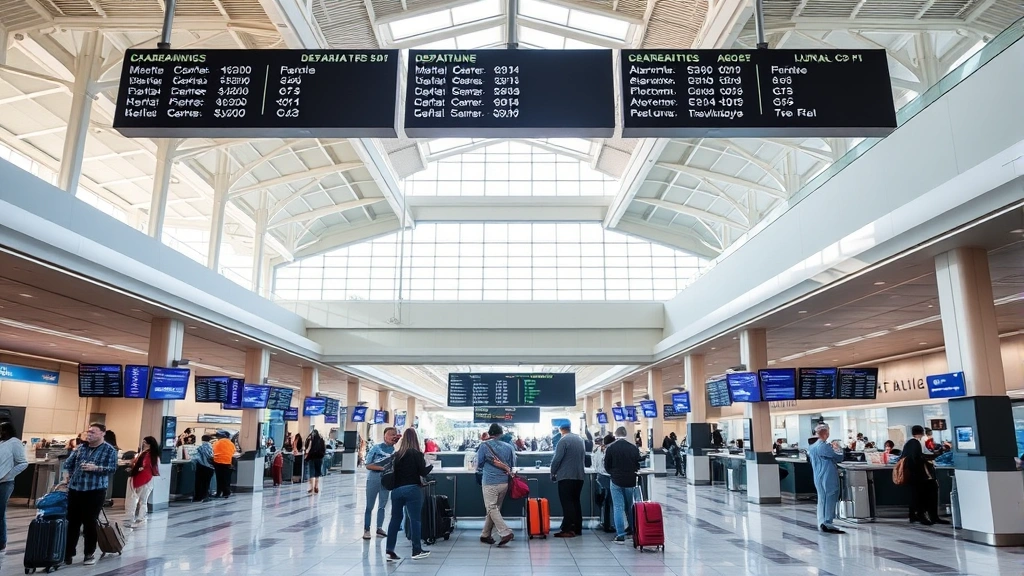 San Jose Mineta Airport terminal interior with travelers checking in at kiosks, departure boards displaying flight information, modern architecture with natural skylighting, busy airport atmosphere, high-quality travel photography