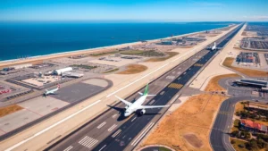 Aerial view of San Diego International Airport with aircraft taxiing on runway, California coastline visible in background, bright sunny day, professional aviation photography