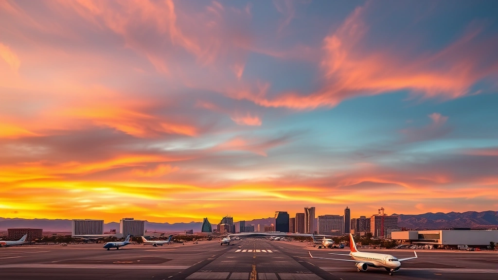 Las Vegas skyline at sunset with Harry Reid International Airport runway in foreground, multiple aircraft parked at gates, vibrant desert sky colors, professional airport photography