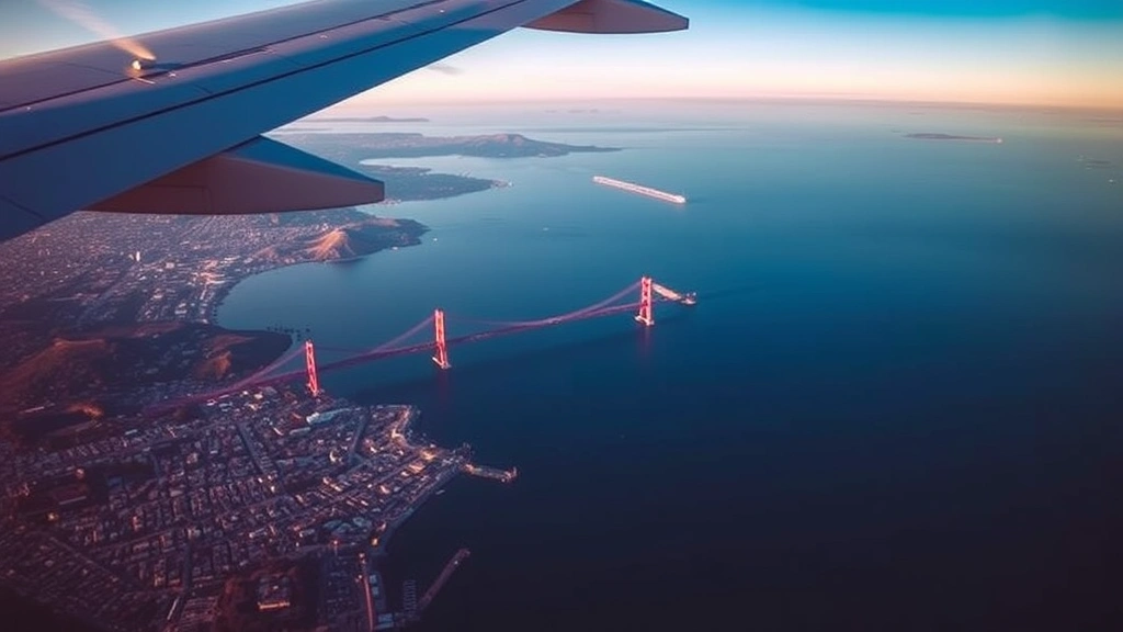 Aerial view of San Francisco Bay with Golden Gate Bridge visible, commercial airplane flying overhead with wingview of Pacific Ocean, sunset lighting, photorealistic travel photography