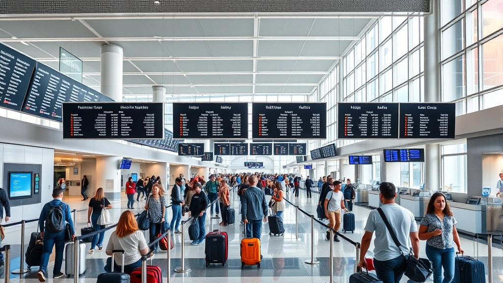 Modern airport terminal departure hall showing diverse travelers with luggage, flight information displays, check-in counters, busy but organized atmosphere, natural daylight through large windows