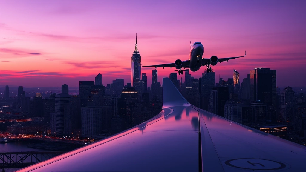 New York City skyline at dusk with commercial jet descending toward airport, Manhattan skyscrapers silhouetted against purple sky, airplane wing visible in foreground, photorealistic aviation photography