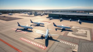 Aerial view of San Jose International Airport tarmac with commercial aircraft lined up, bright California sunshine, modern terminal building in background, professional travel photography