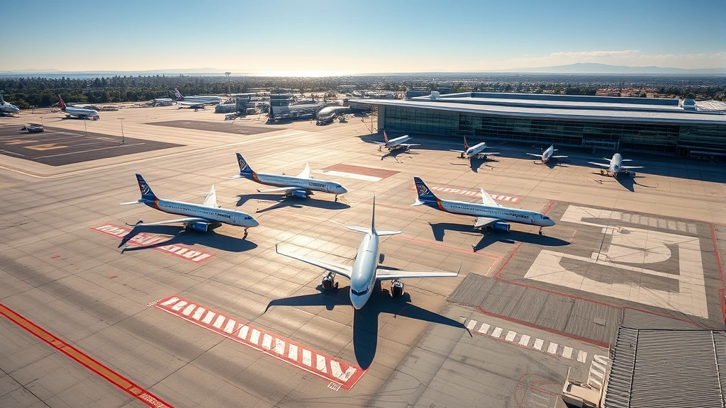 Aerial view of San Jose International Airport tarmac with commercial aircraft lined up, bright California sunshine, modern terminal building in background, professional travel photography