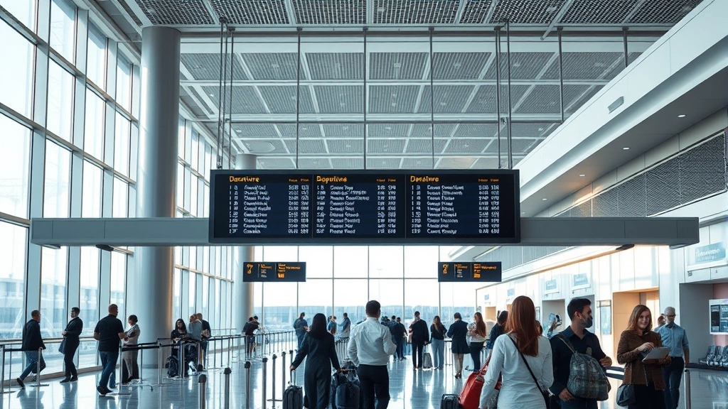 Interior of modern airport gate area with passengers waiting at departure gate, departure board showing flight times, natural lighting from large windows, realistic airport atmosphere