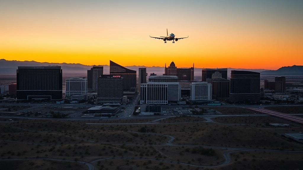 Las Vegas Strip skyline at sunset with aircraft descending toward Harry Reid International Airport, desert landscape below, golden hour lighting, travel destination photography
