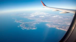 Aerial view of California coastline from airplane window showing San Diego Bay and beaches below during daytime flight
