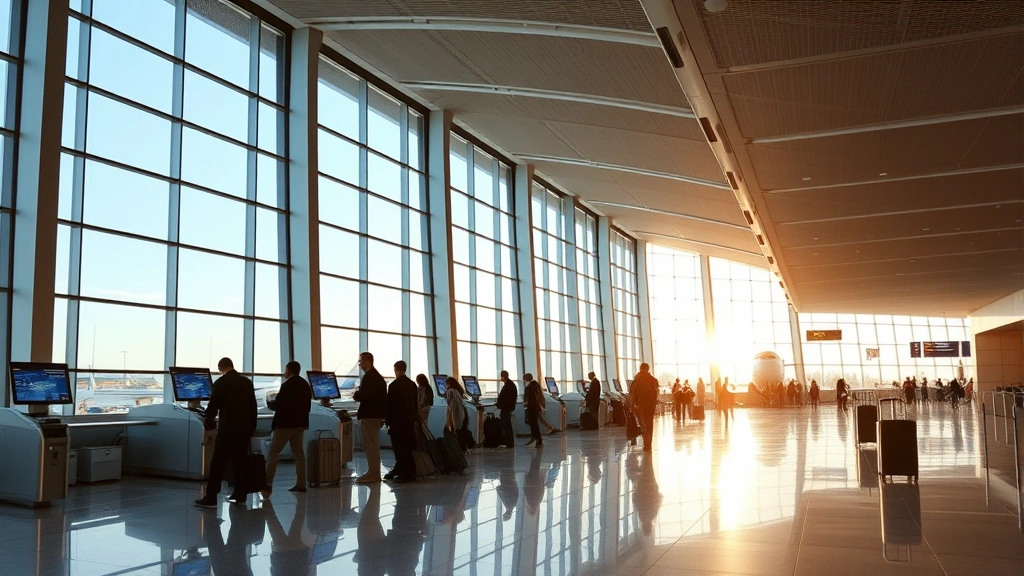 Modern airport terminal interior with travelers checking in at airline counters, natural lighting from windows, contemporary architecture