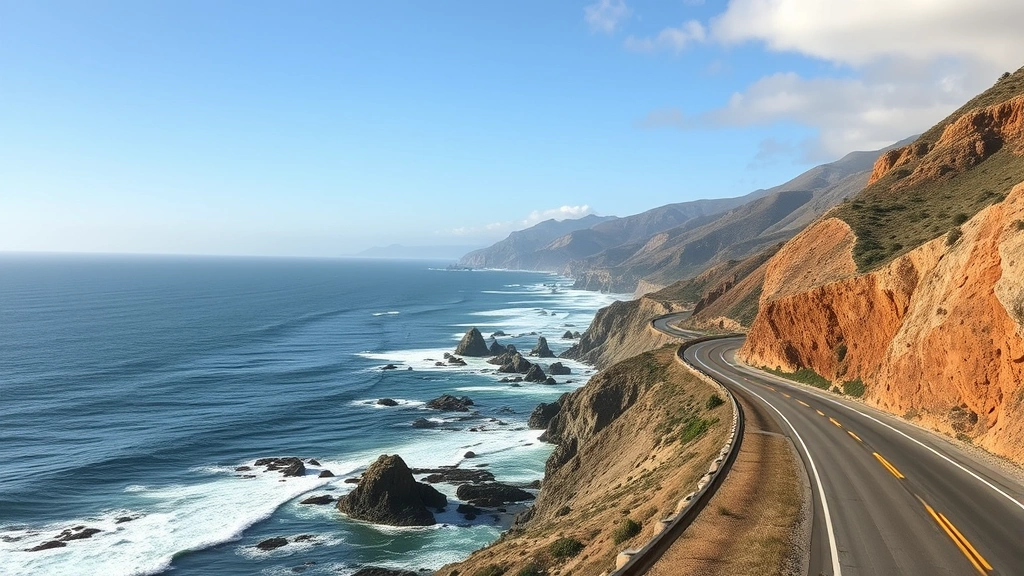 Scenic coastal drive along Pacific Coast Highway between San Jose and San Diego showing ocean cliffs and sunshine