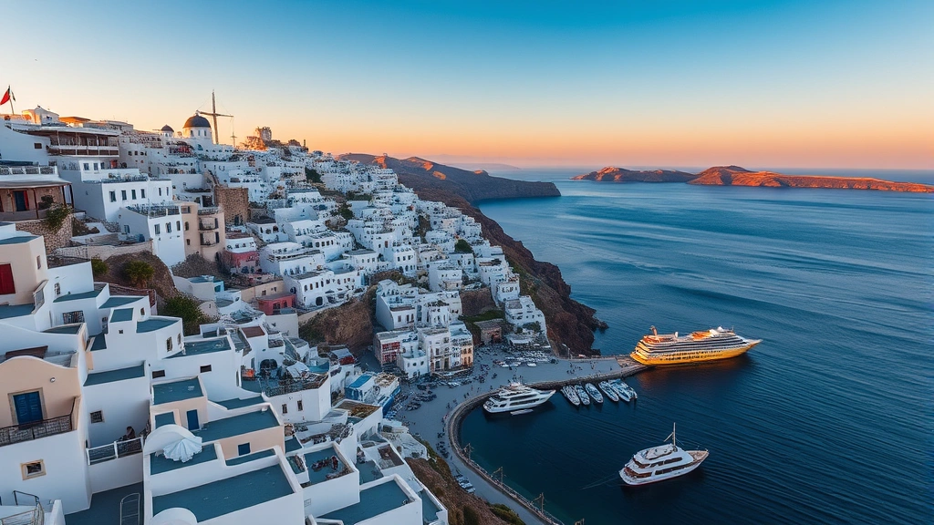 Aerial view of Santorini's white-washed buildings cascading down volcanic cliffs overlooking the Aegean Sea at golden hour, with ferries and boats in the harbor below
