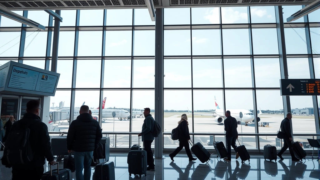 Modern airport terminal interior with departure boards, travelers checking luggage, and windows showing aircraft on the tarmac during daytime