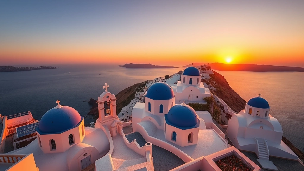 Wide shot of Santorini sunset with iconic blue-domed churches, caldera views, and Mediterranean landscape bathed in warm orange and pink light