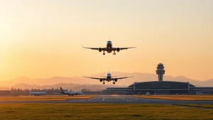 Seattle-Tacoma International Airport runway at sunrise with Boeing aircraft taking off toward clear sky, modern terminal building visible