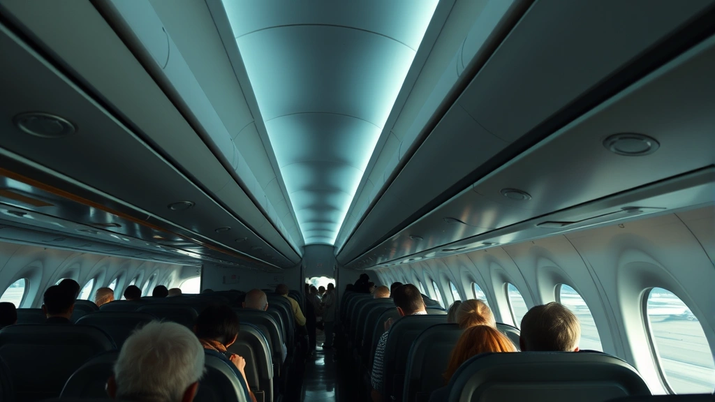 Commercial aircraft cabin interior with passengers boarding at gate, natural light streaming through windows showing modern airport terminal