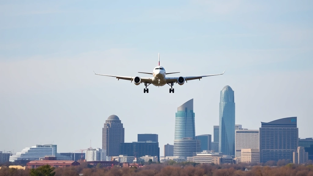 Austin skyline with aircraft approaching for landing, downtown buildings visible, clear Texas sky, aircraft on final approach