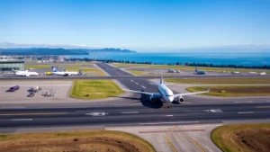 Aerial view of Seattle-Tacoma International Airport with Boeing 737 aircraft taxiing on runway, Puget Sound visible in background, professional aviation photography