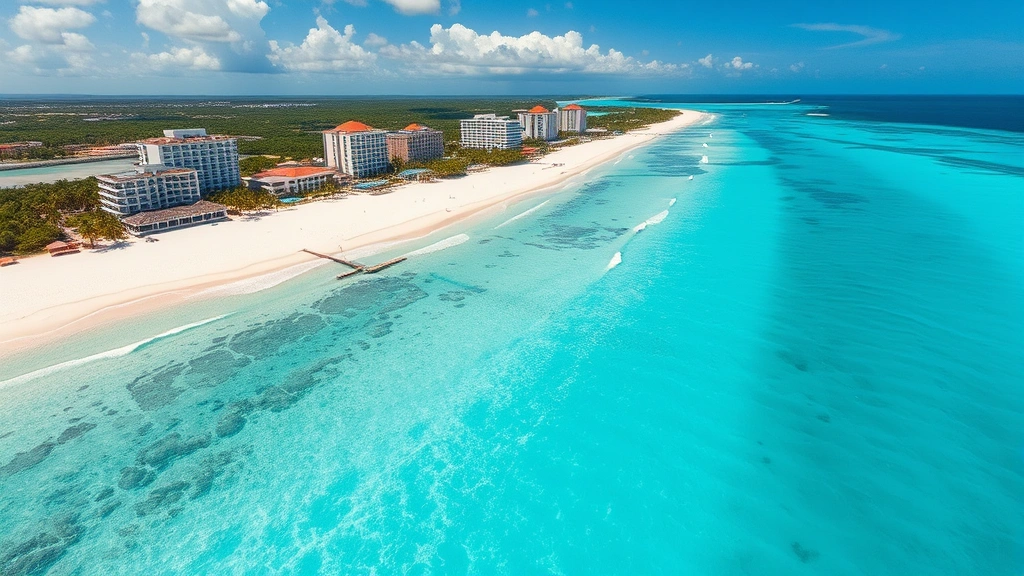 Crystal clear turquoise Caribbean waters of Cancun with white sand beach and modern resort hotels, bright sunny day, tropical paradise scenery