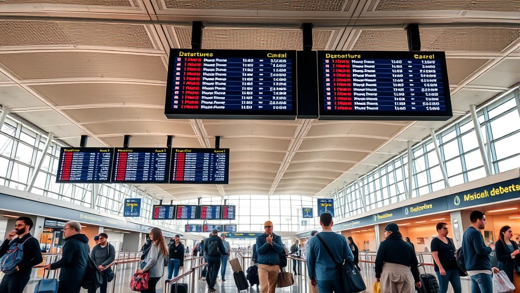 Modern airport terminal interior with digital departure boards displaying flight information, travelers checking luggage, contemporary travel hub atmosphere