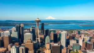 Aerial view of Seattle skyline with Puget Sound and snow-capped Mount Rainier in background, professional photography style, daytime lighting, no text or signage visible