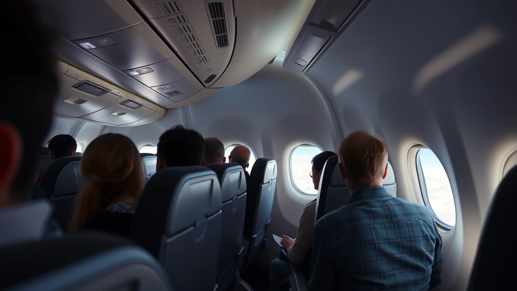 Modern aircraft cabin interior during flight with passengers seated, natural window light showing clouds below, commercial airline setting, photorealistic quality