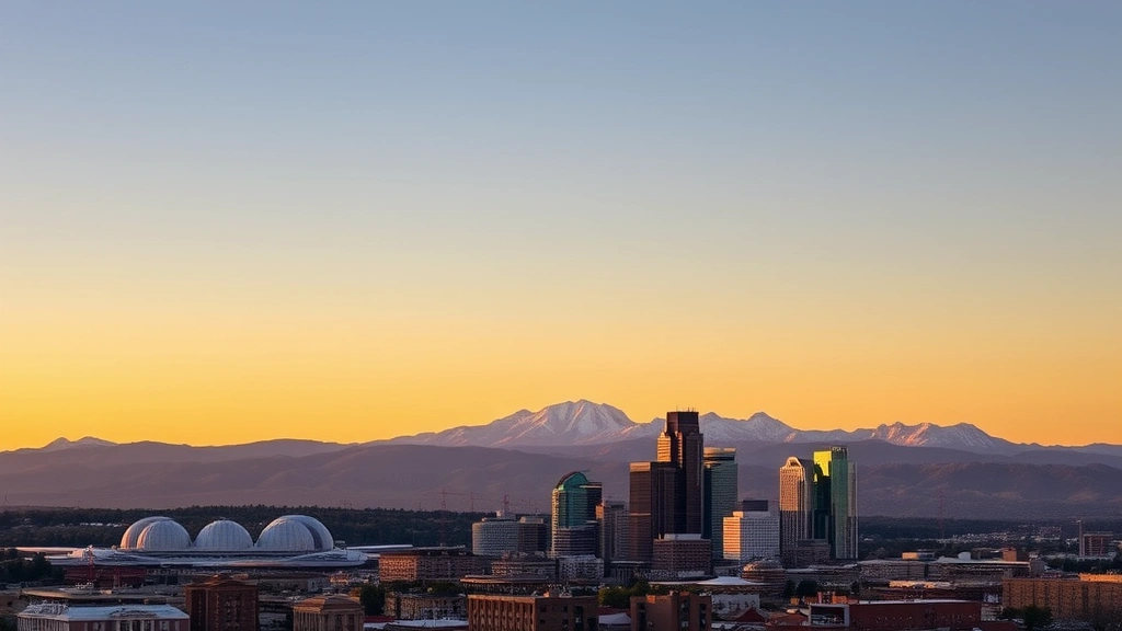 Denver skyline with Rocky Mountains in background at sunset, urban landscape photography, clear sky, mountain vista prominent, no visible text or signage