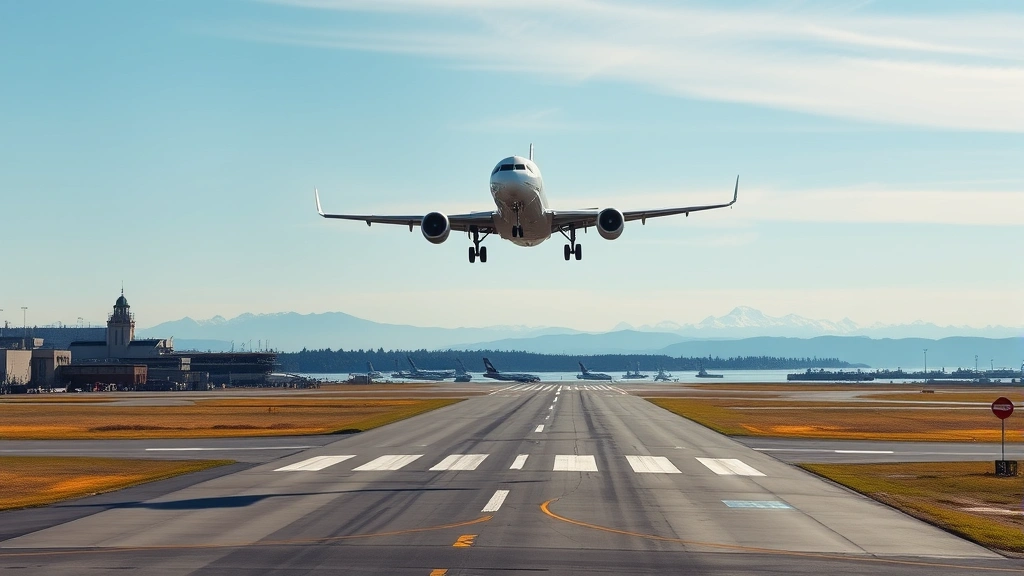Commercial aircraft ascending from Seattle-Tacoma airport runway with Puget Sound and distant mountains visible, clear daylight, photorealistic