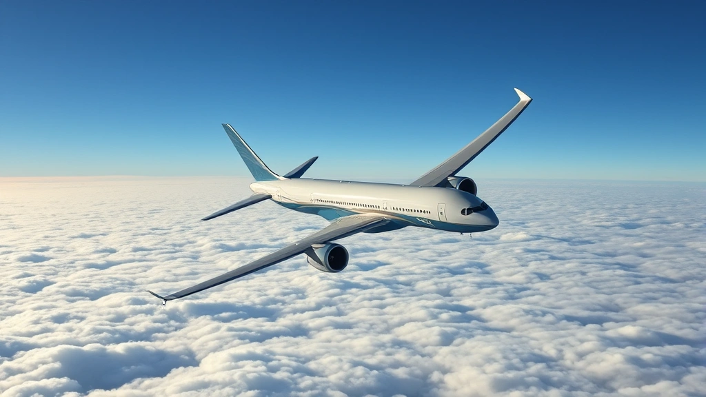 Modern Boeing or Airbus jet cruising at altitude above white cloud layer with blue sky, professional aviation photography style