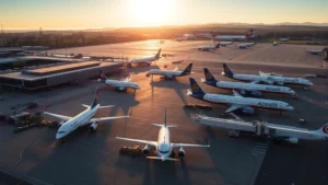 Aerial view of Seattle-Tacoma International Airport with Boeing aircraft parked at gates, morning light illuminating runways and terminal buildings