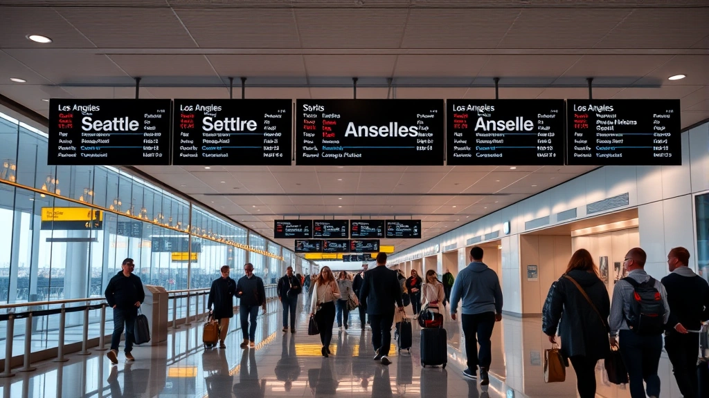 Passengers walking through modern airport terminal corridor with flight information displays showing Seattle and Los Angeles destinations, contemporary travel hub atmosphere