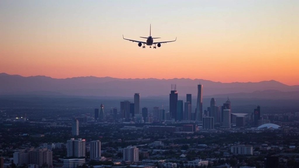 Los Angeles skyline with aircraft approaching LAX airport at sunset, downtown LA visible below with mountains in background, commercial jet in descent