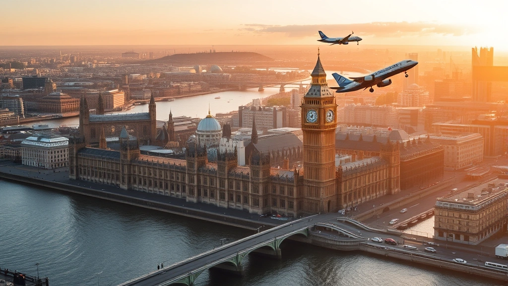 Scenic aerial view of London's iconic landmarks including Big Ben and River Thames during golden hour, with commercial aircraft approaching in the distance