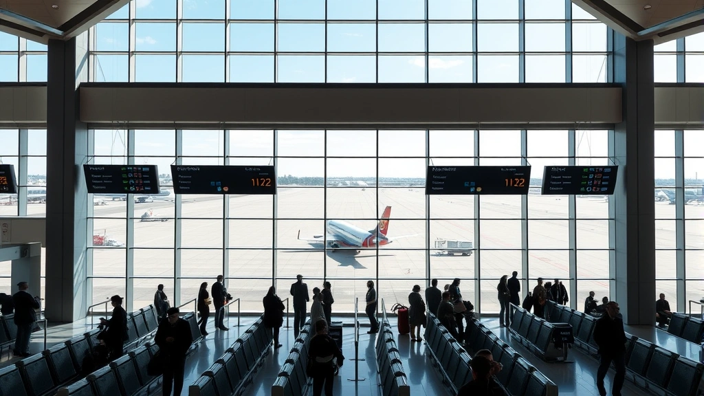 Interior of modern airport terminal with travelers at departure gates, large windows showing tarmac and aircraft, contemporary architecture with natural lighting