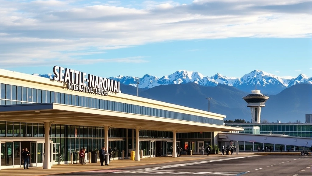 Seattle-Tacoma International Airport terminal exterior with Pacific Northwest mountains in background, modern architecture, departure level activity