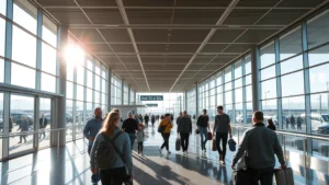 Modern airport terminal with travelers walking through glass corridors, morning sunlight streaming through windows, Seattle-Tacoma International Airport aesthetic, busy but organized atmosphere