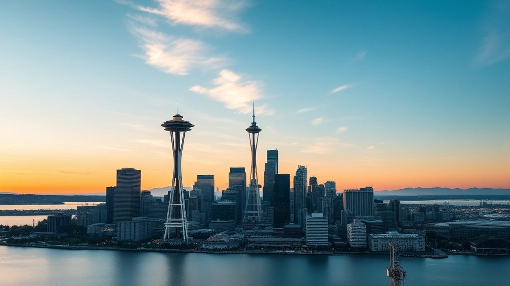 Aerial view of Seattle skyline with Space Needle and Puget Sound waterfront during golden hour, modern cityscape with tech buildings visible