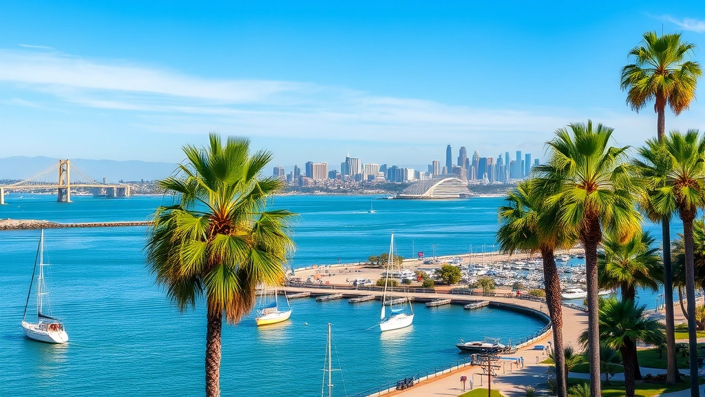 San Diego waterfront with palm trees, Coronado Bridge, sailboats in harbor, sunny coastal landscape with downtown skyline