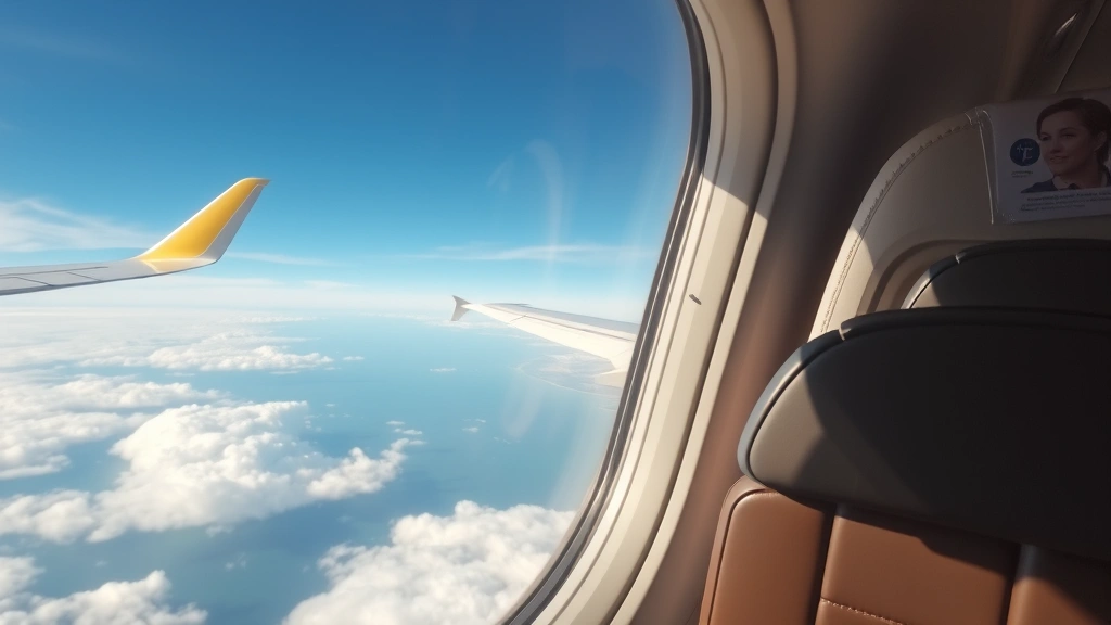 Modern airplane cabin interior during flight with window view of clouds and Pacific coastline below, passenger seats and wing visible